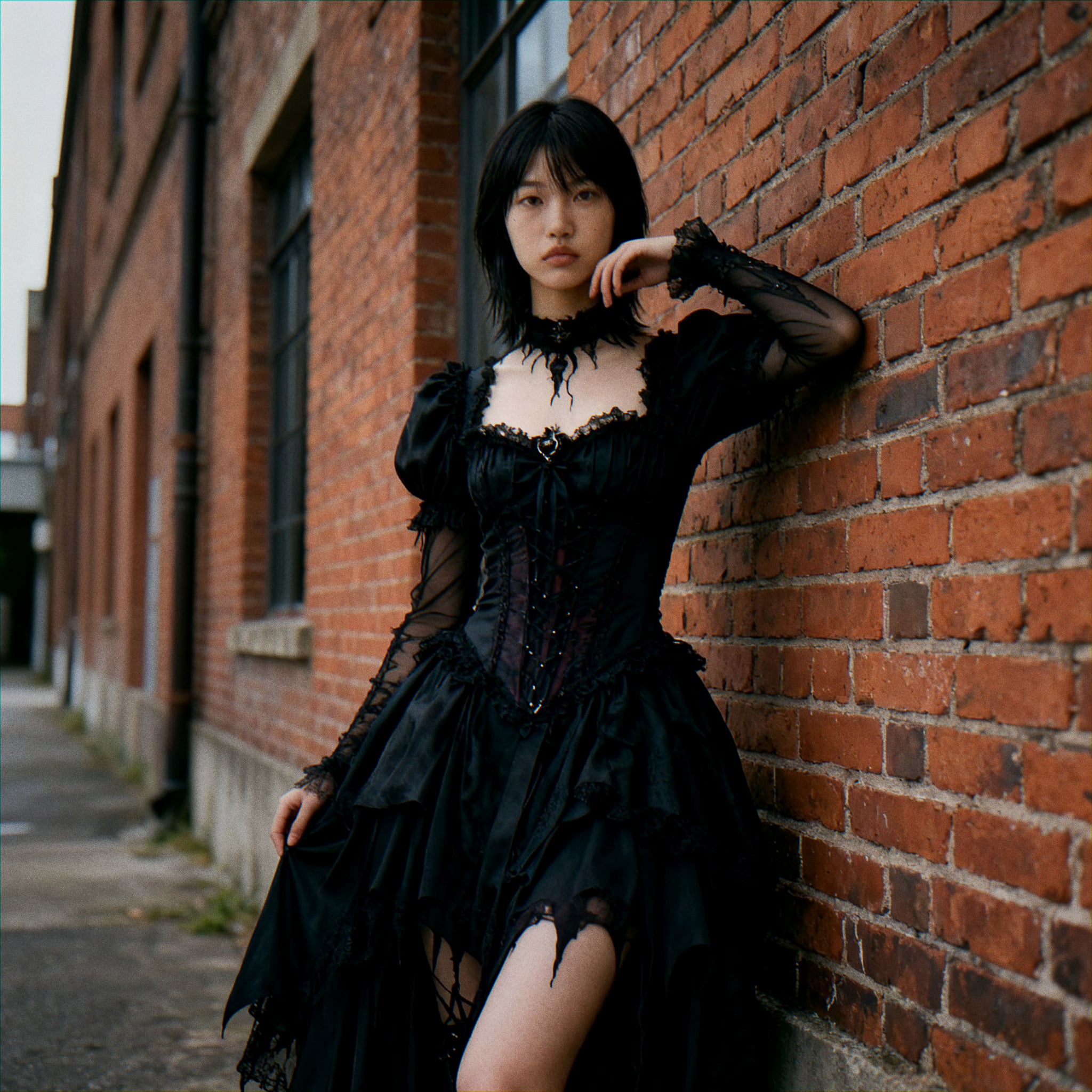 AI-generated influencer — “goth dress, brick building”